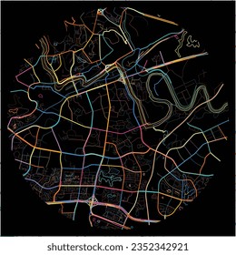 Map of Zigong, Sichuan with all major and minor roads, railways and waterways. Colorful line art on black background.