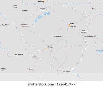 Map of Zimbabwe. Map is drawn in high detail and for clear representiton shows only major cities Harare, Bulawo. Country is drawn with neighboring countries.