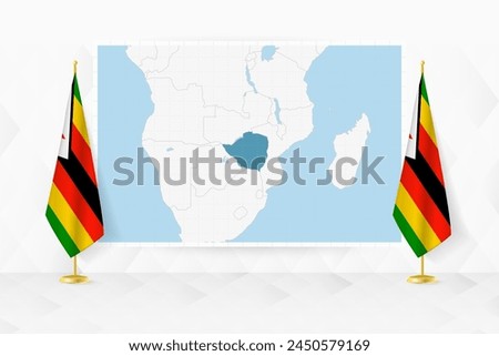 Map of Zimbabwe and flags of Zimbabwe on flag stand. Vector illustration for diplomacy meeting.