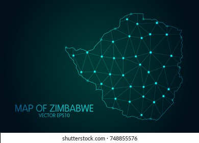 Map of Zimbabwe - With glowing point and lines scales on the dark gradient background, 3D mesh polygonal network connections.Vector illustration eps 10.