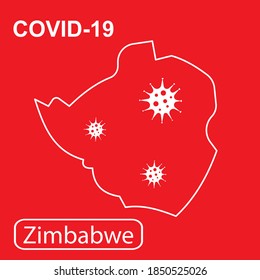 Map of Zimbabwe labeled "COVID-19". White outline map on a red background. Vector illustration of a virus, coronavirus, epidemiology.