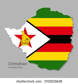 Mapa de Zimbabue con bandera nacional. Mapa editable de Zimbabue altamente detallado de las fronteras del territorio del país de África Oriental. Ilustración vectorial de diseño político o geográfico sobre fondo gris