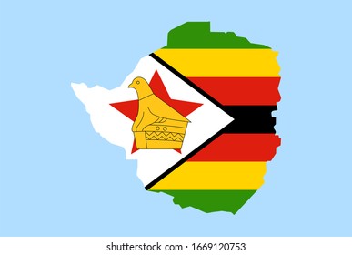 Mapa de Zimbabue sobre fondo azul, Bandera de Zimbabue sobre él.