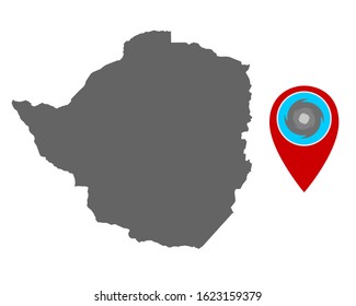 Map of Zimbabwe and pin with hurricane warning