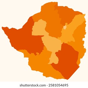 Map of Zimbabwe with regions. Just a simple country border map with region division. Orange color palette. Blank Zimbabwe shape with administrative division. Vector illustration.