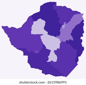 Map of Zimbabwe with regions. A simple country border map with regional divisions. Deep purple color palette. Blank Zimbabwe shape with administrative division. Vector illustration.