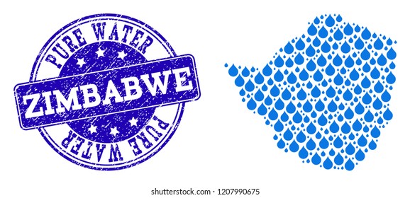Map of Zimbabwe vector mosaic and Pure Water grunge stamp. Map of Zimbabwe created with blue aqua raindrops. Seal with scratched rubber texture for pure drinking water.