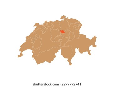 Map of Zug on Switzerland map. Map of Zug highlighting the boundaries of the canton of Zug on the map of the Switzerland
