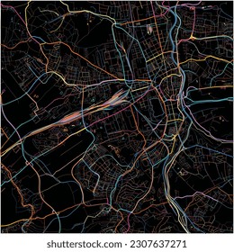Map of Zwickau, Saxony with all major and minor roads, railways and waterways. Colorful line art on black background.