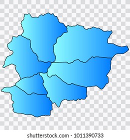 Map-Andorra map. Each city and border has separately. Bluish blue. Vector illustration Eps 10.