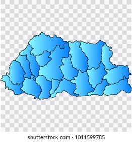 Map-Bhutan map. Each city and border has separately. Bluish blue. Vector illustration Eps 10.