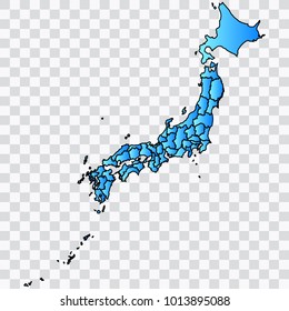 Map-Japan map. Each city and border has separately. Bluish blue. Vector illustration Eps 10.