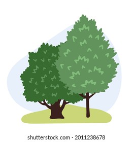 Maple and ash. Group of forest and park green plants. Elements of the landscape. Hand-drawn vector illustration.