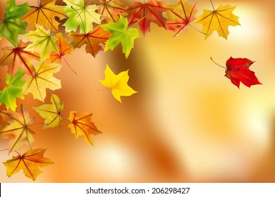 Maple autumn leaves falling down on natural background, vector illustration.