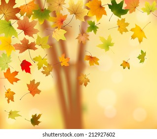 Maple autumn leaves falling down on natural background, vector illustration.