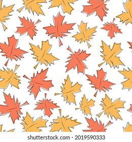 Maple autumn leaves seamless pattern. Colorful doodle. Trendy hand drawn style. Vector illustration