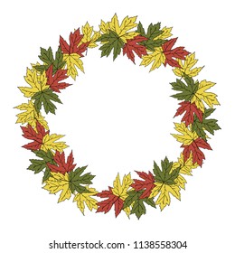 Maple. Autumnal wreath frame with colorful leaves. Hand sketched autumn maple leaves for autumn sales, Thanksgiving, Halloween, harvest festival. Decor for invitations, greeting cards, posters. Vector