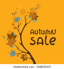 Maple branch. "Autumn sale" vector illustration on orange background. Design for advertising poster and season offer.