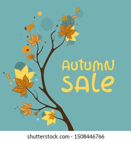 Maple branch. "Autumn sale" vector illustration on blue background. Design for advertising poster and season offer.