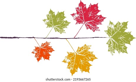 Maple branch with leaf stamp. Imprint of fallen leaves. Autumn pattern. Creative natural decor. Hand-crafted vector art prints. Seasonal modern packaging.