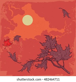 Maple branch. Sketch on watercolor background