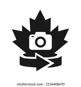 Maple Camera Logo Design. Canadian Photography Logo. Red Maple Leaf with Camera Concept Vector