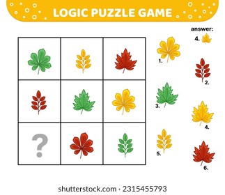 Maple, chestnut and rowan leaves. Logic puzzle game. For kids. Cartoon, flat, vector, eps 10