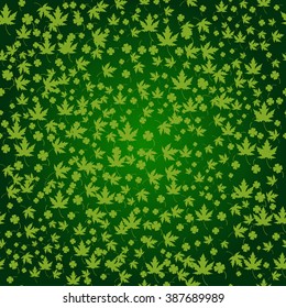 Maple and clover leaves on the dark green gradient background. Seamless texture. Spring leaves texture.