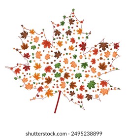 maple fallen leaves of various colors and sizes fill the silhouette of a large maple leaf. vector illustration on an autumn theme isolated on a white background