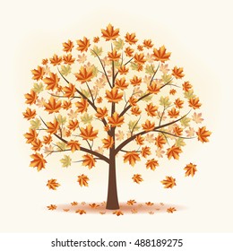 Maple falling yellow leaves. Trees fall. Vector illustration on a beige background.