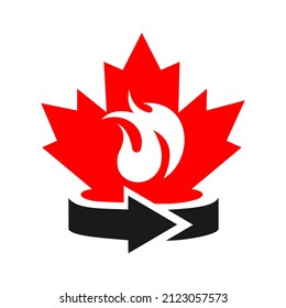 Diseño del logotipo del incendio de arce. Logo de Fire de Canadá. Hoja de arce roja con vector de fuego