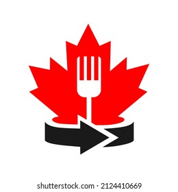 Maple Fork Logo Design. Canadian Restaurant Logo. Red Maple Leaf with Fork and Spoon Vector