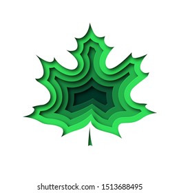 Maple green leaf in paper cut style. Design for logo, label, postcard. Summer composition. Layered bright illustration