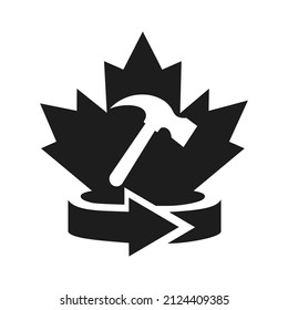 Maple Hammer Logo Design. Canadian Construction Logo. Red Maple Leaf with Hammer Vector