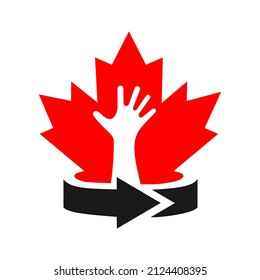 Logo de Maple Hand. Hoja de arce roja canadiense con plantilla de vector de concepto de mano