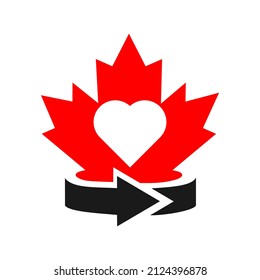 Maple Heart Logo Design. Canadian Red Maple Leaf with Love Shape Concept