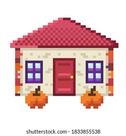 Arte de píxel de la casa de arce. El otoño deja la foto de la casa. Imagen vectorial.