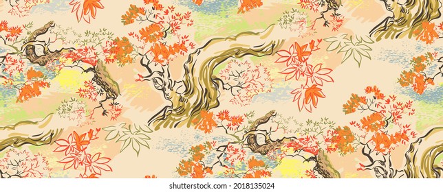 maple japanese chinese design sketch ink paint style seamless