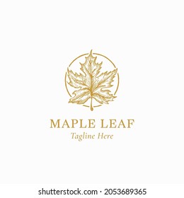 Maple Leaf Abstract Vector Sign, Symbol or Logo Template. Hand Drawn Autumn Leaf Sketch Illustration in a Circle Frame with Retro Typography. Isolated.