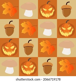 Maple leaf, Acorn, Mushroom and Halloween pumpkin pattern on brown shade background. Childish handcrafted for design card, scrapbook, t shirt etc.what do you think when autumn season  concept.