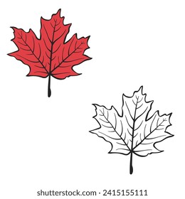 Maple leaf in Autumn. leaves fall. Simple Design Outline Style. You can give color you like. Vector Illustrations