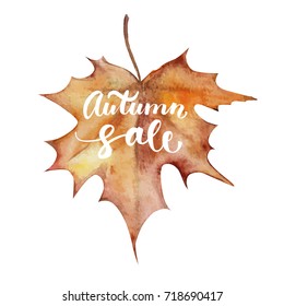 Maple Leaf with Autumn Sale inscription, artistic water-colored  illustration