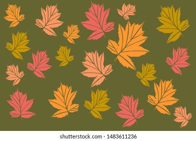 Maple leaf autumnal vector pattern with coral, green and orange colors. Multi colored pattern for wallpaper and thanksgiving.
