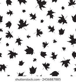 Maple Leaf Black Silhouettes on White Background Seamless Pattern