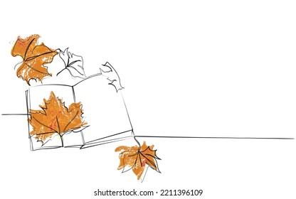 Maple Leaf With Book Line Art. Autumn Isolated Background. Minimal Drawing Of Winter Concept. Floral And Botanical Vector Art. Natural Eco Background. Cozy Winters. Book Reading Aesthetics.Bibliophile