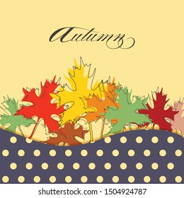 Maple leaf in bright autumnal colors background over polka dot pattern wavy border