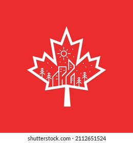 Maple Leaf With Buildings And Tree Landscape Canada Line Art Logo Design Vector Illustration