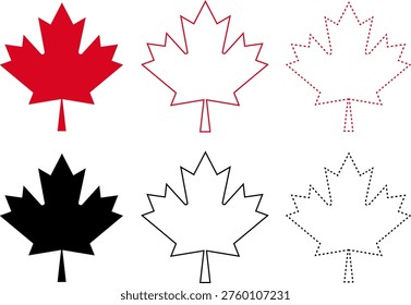 Maple Leaf Bundle Outline Dotted Dashed Coloring Page Set for Canada Day