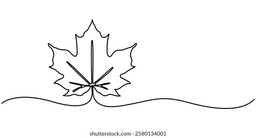 Maple Leaf, Canada Day Continuous Line Drawing with Editable Stroke, Autumn leaf continuous one, A single line drawing of an maple leaf. Continuous line thanksgiving icon in color. One line icon. 