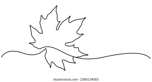 Maple Leaf, Canada Day Continuous Line Drawing with Editable Stroke, Autumn leaf continuous one, A single line drawing of an maple leaf. Continuous line thanksgiving icon in color. One line icon. 